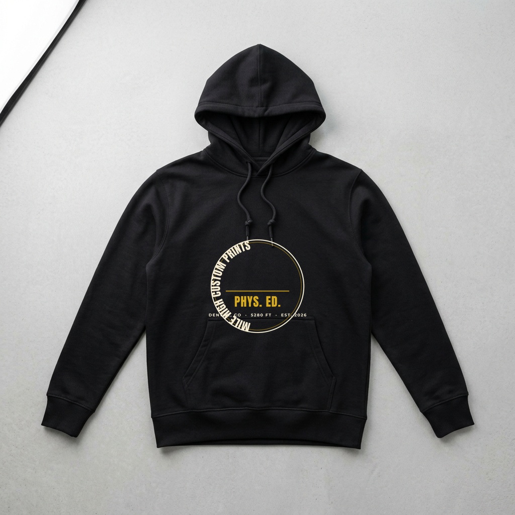 Hand holding up a finished custom hoodie print against the studio's brick wall