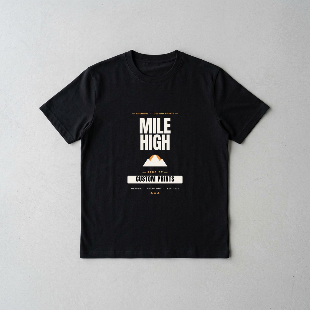 Mile High Custom Prints black tee, fresh off the press