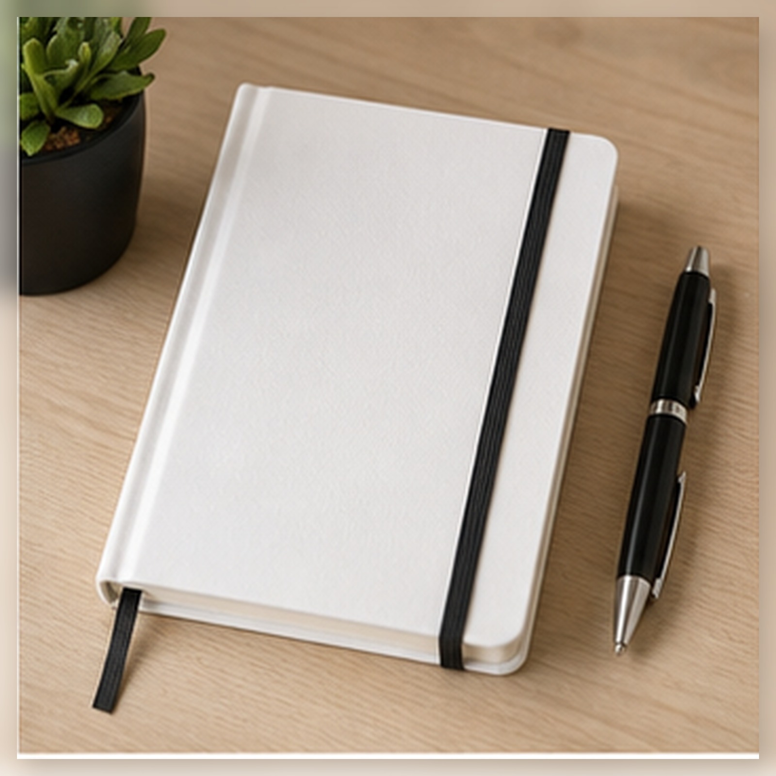 Custom branded white hardcover notebook and pen on a wood desk