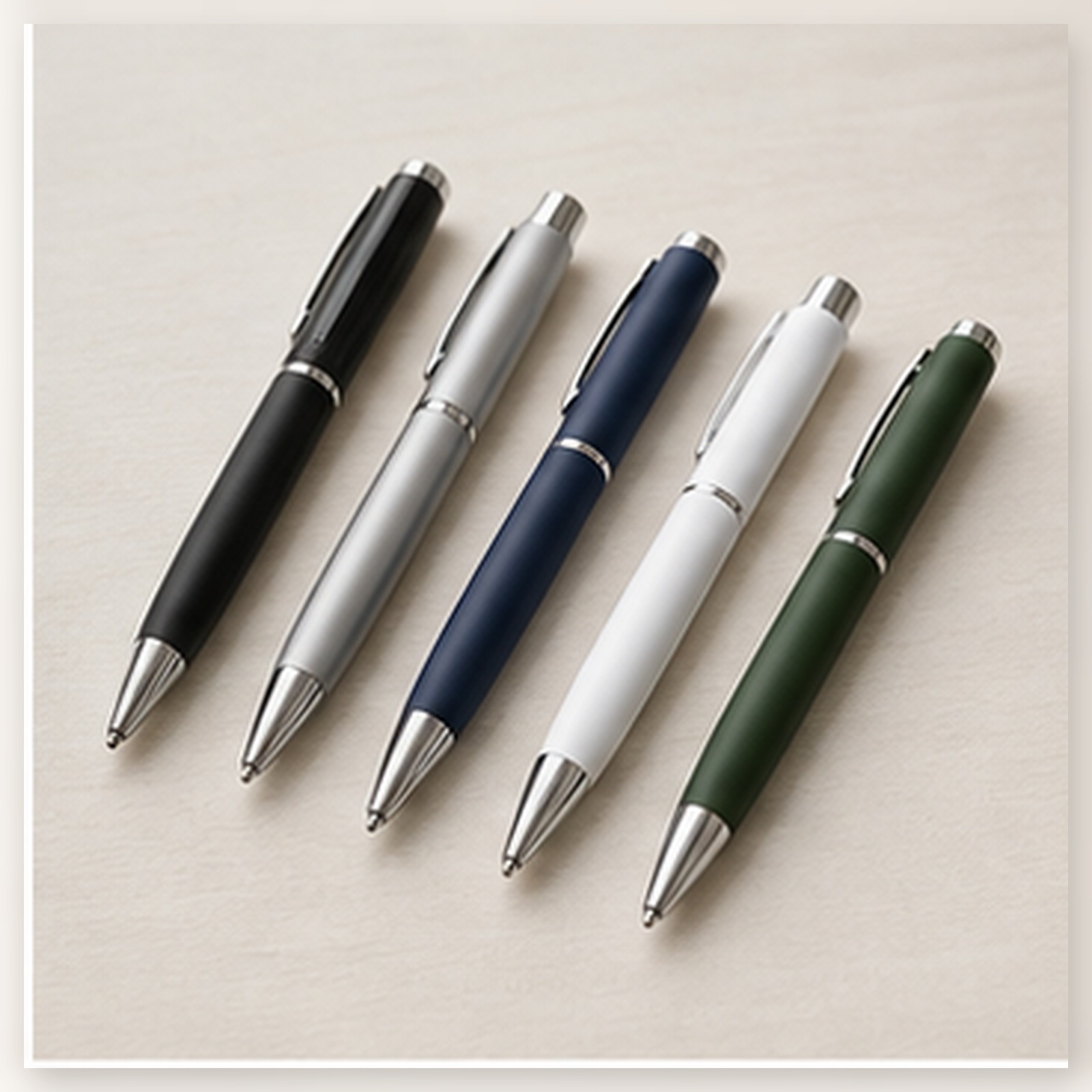 Five metal branded pens in black, silver, navy, white, and green laid on a desk