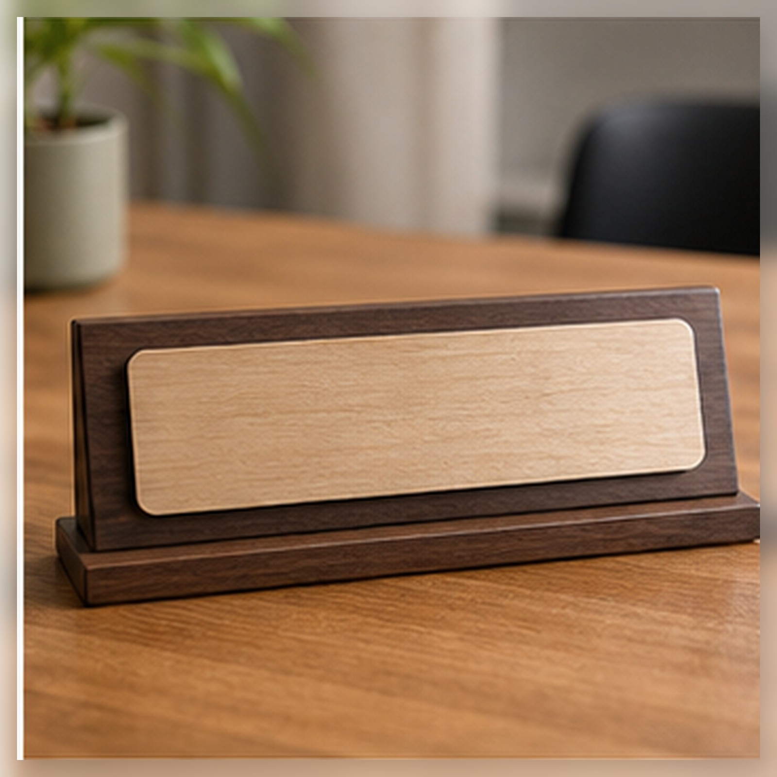 Engraved wood and maple desk nameplate on an office table
