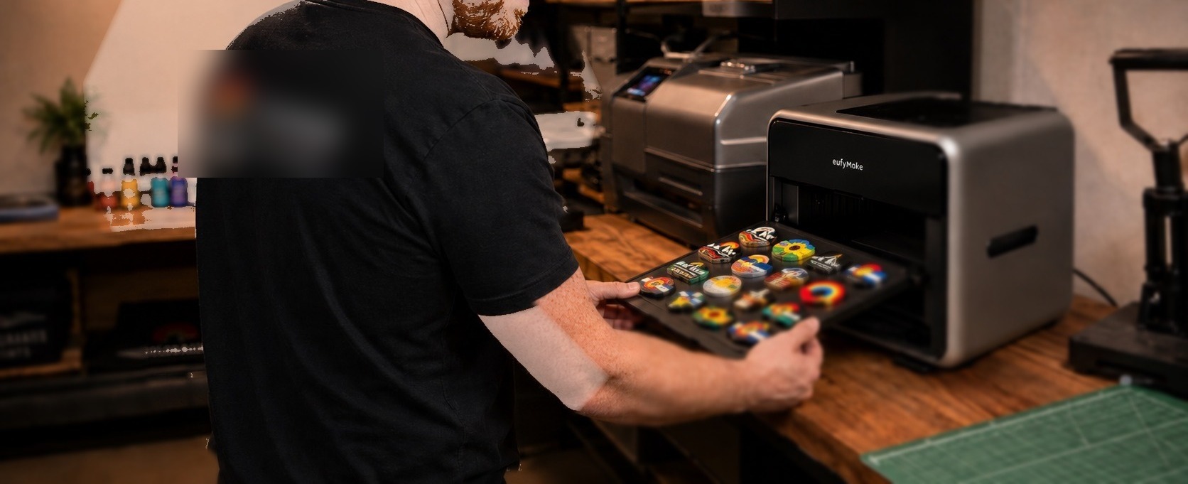 Johnny loading a tray of pressed badges at the studio bench